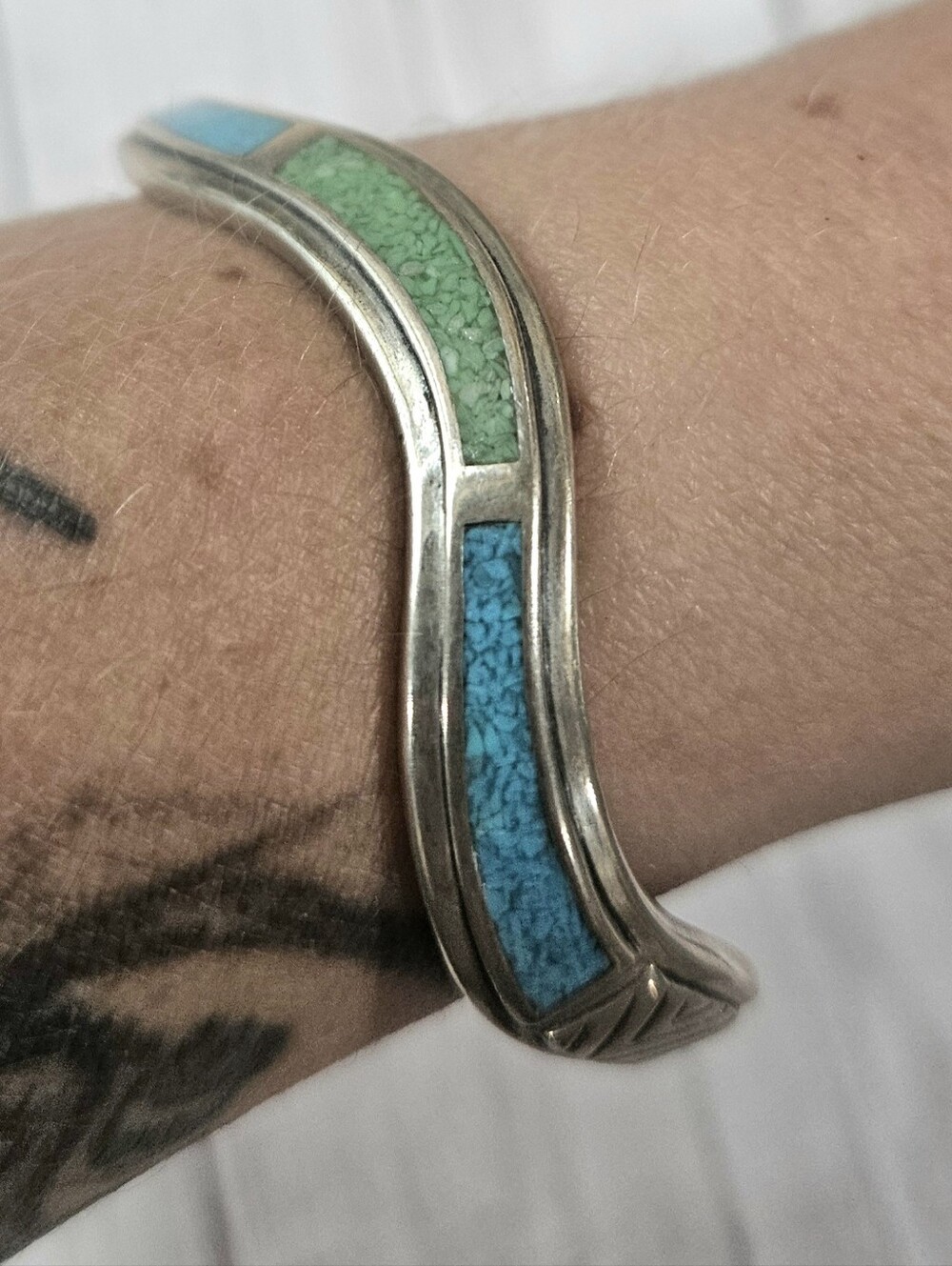 Coleman C Co. Southwestern Cuff Bracelet Sterling W Turquoise Inlay Wavy Design